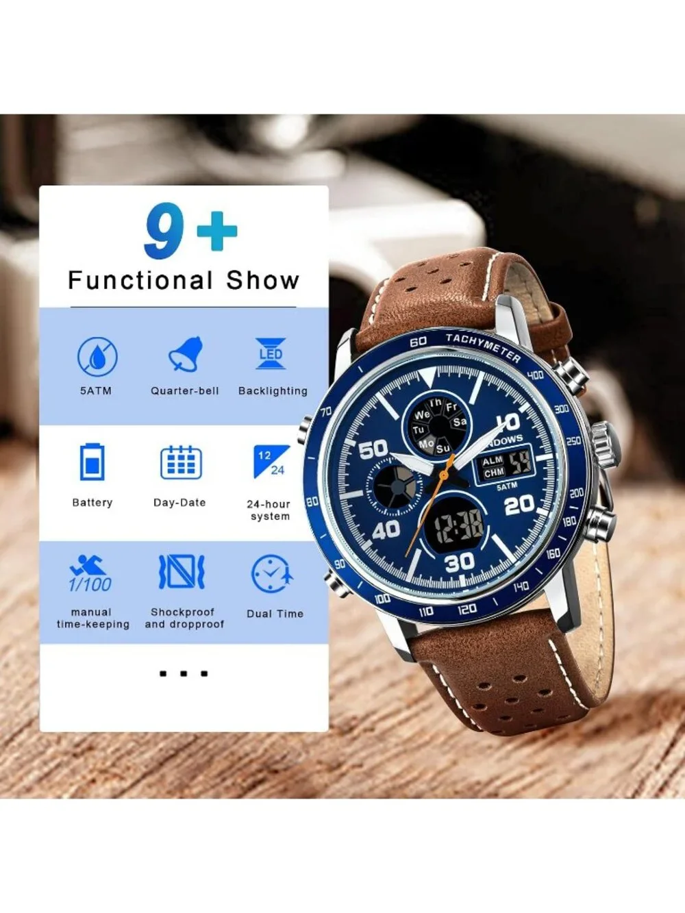 Men's Retro Brown Blue Digital Analog Multifunction Sport Casual Wrist Watch
